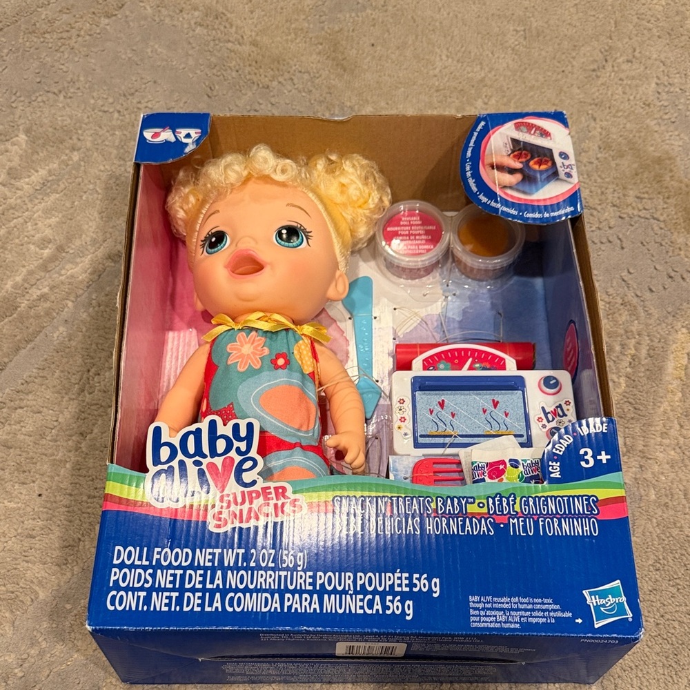 Baby Alive Super Snacks Snackin’ Treats Blond, Curly Hair Doll. Eats& Poops. New